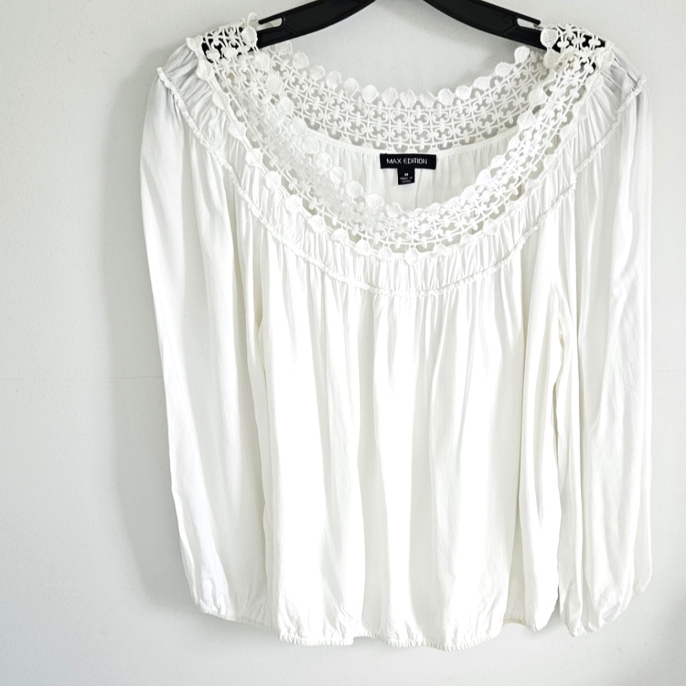 Max Edition White Eyelet Trim Full Blouse Cottagecore